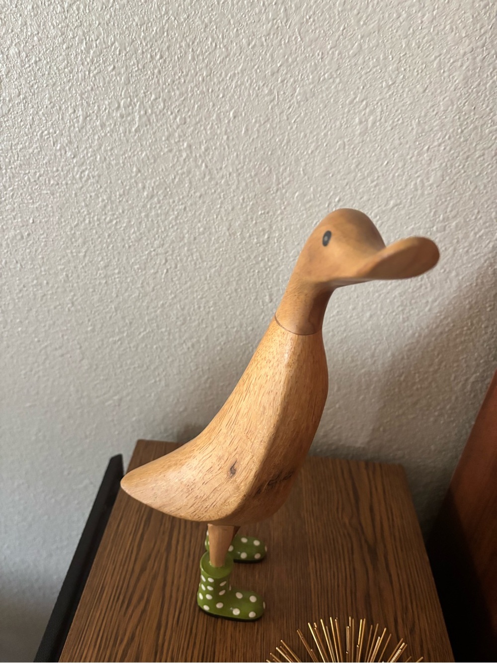 DCUK brand collectible Wooden Duck Figurine with Green Polka Dot Wellie Boots - Picture 4 of 8